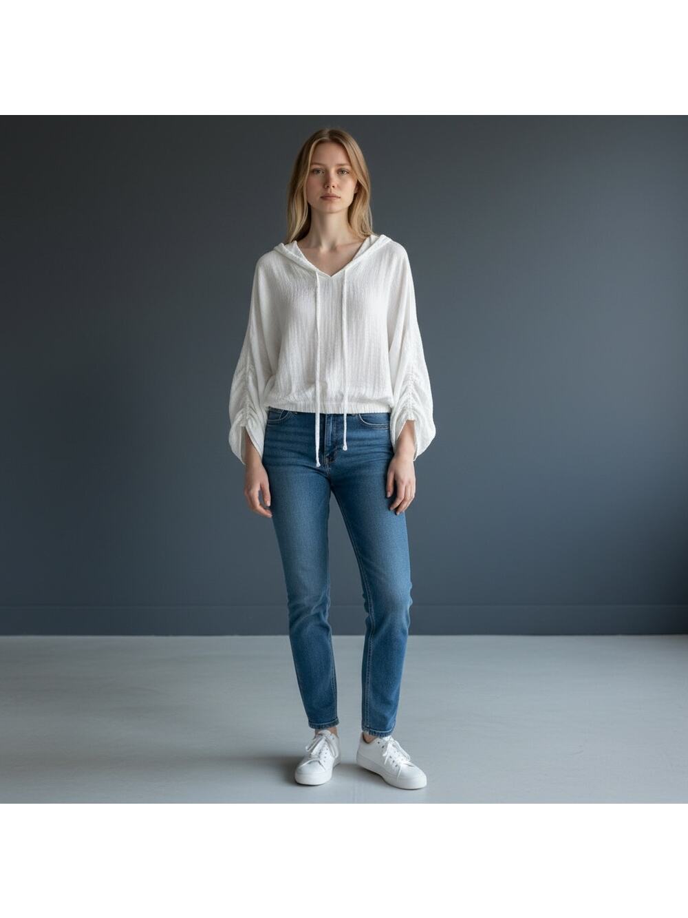 Just Bee Queen White Gauze Hooded Blouse XS Cotton Bamboo Drawstring Resort Top